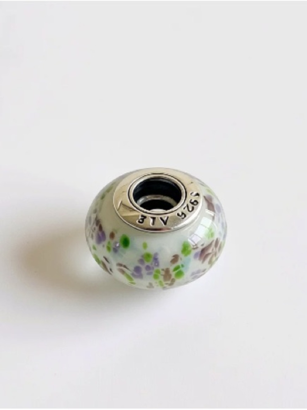 Pandora White Glass Floral Charm Bead with Green & Purple Accents